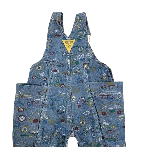 Vintage Oshkosh B'Gosh Overalls Blue Denim Car Truck Print Toddler 1990’s Sz 18M - Picture 8 of 15